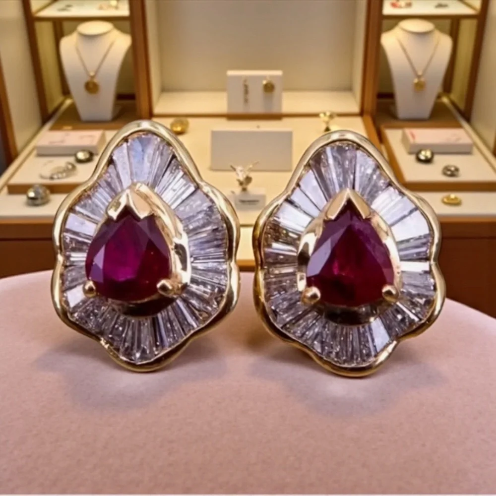 Red and Gold CZ Stud Earrings - Picture 1 of 2
